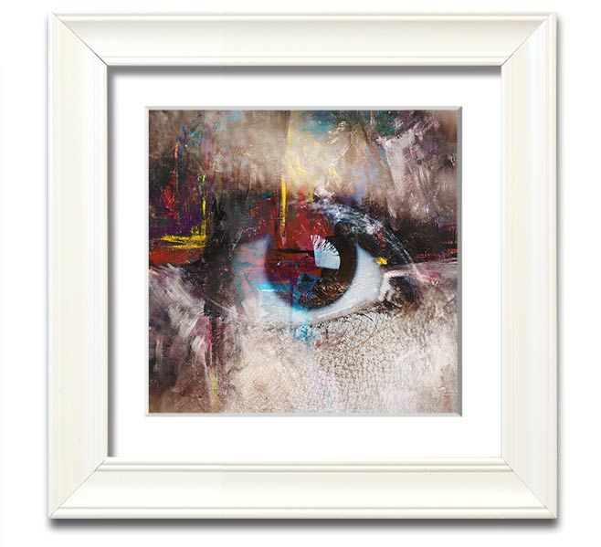 A square framed print featuring an abstract painting with an eye motif, showcasing vibrant colors and intricate details, ready to hang.