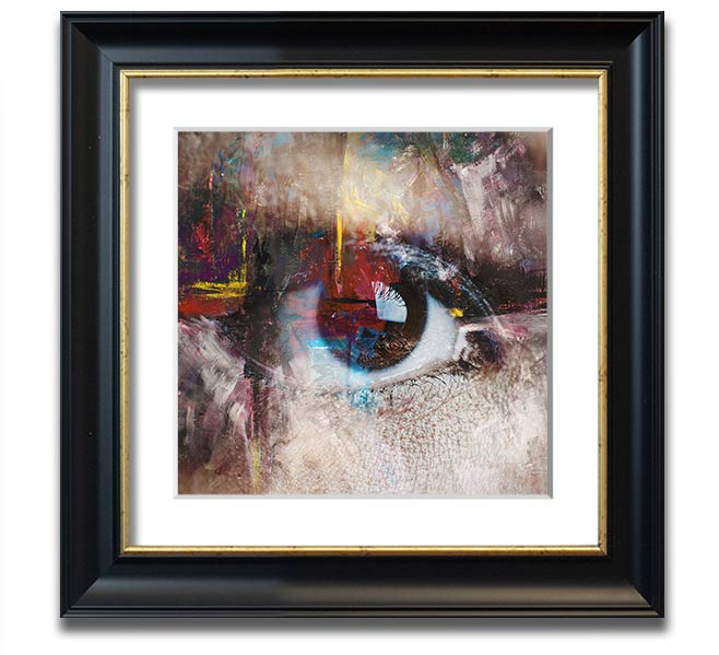 A square framed print featuring an abstract painting with an eye motif, showcasing vibrant colors and intricate details, ready to hang.