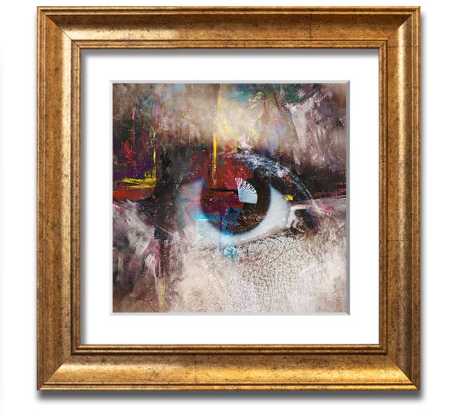 A square framed print featuring an abstract painting with an eye motif, showcasing vibrant colors and intricate details, ready to hang.