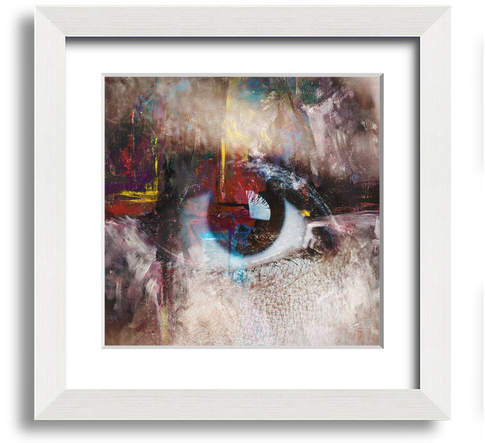 A square framed print featuring an abstract painting with an eye motif, showcasing vibrant colors and intricate details, ready to hang.