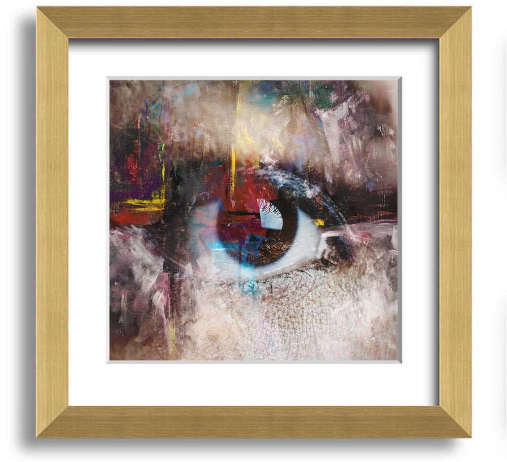 A square framed print featuring an abstract painting with an eye motif, showcasing vibrant colors and intricate details, ready to hang.