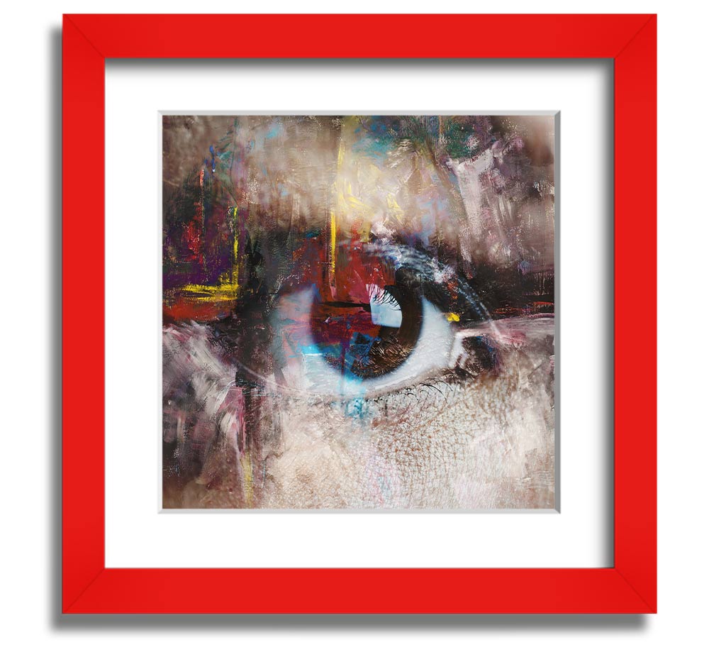 A square framed print featuring an abstract painting with an eye motif, showcasing vibrant colors and intricate details, ready to hang.