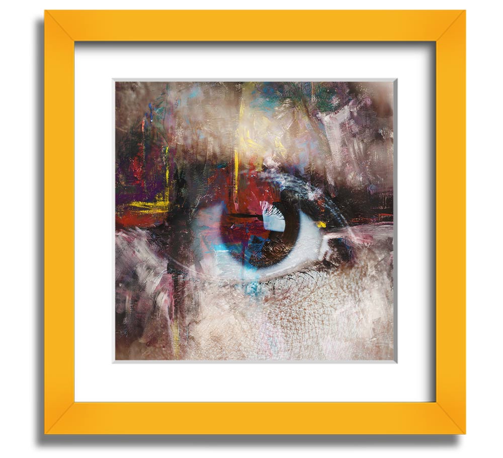 A square framed print featuring an abstract painting with an eye motif, showcasing vibrant colors and intricate details, ready to hang.