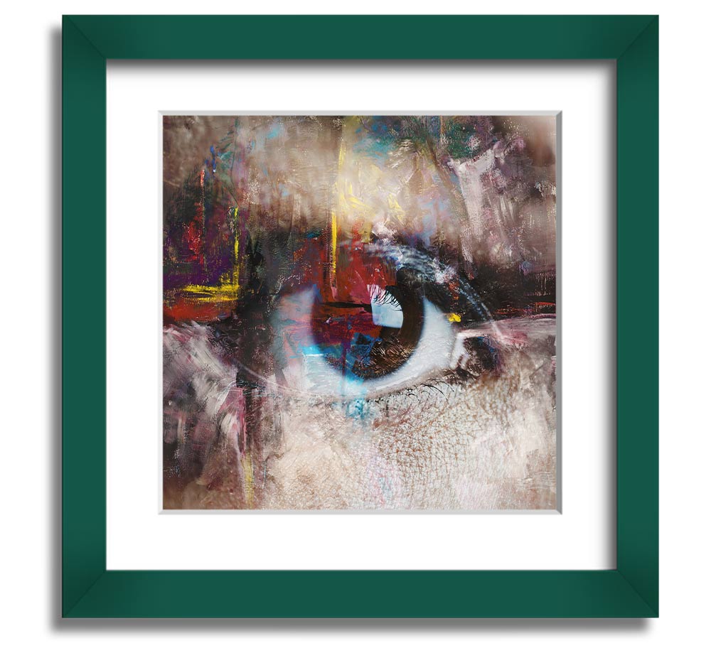 A square framed print featuring an abstract painting with an eye motif, showcasing vibrant colors and intricate details, ready to hang.