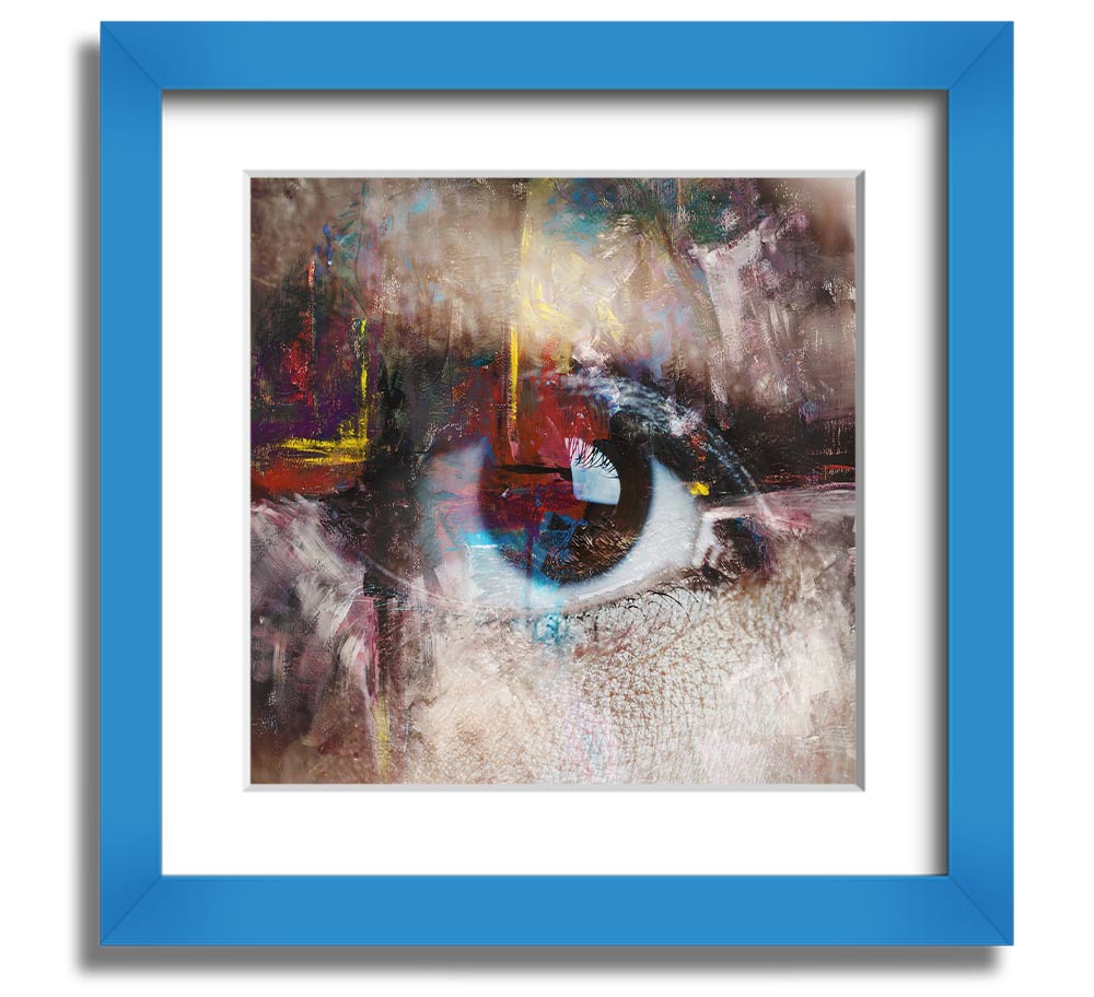 A square framed print featuring an abstract painting with an eye motif, showcasing vibrant colors and intricate details, ready to hang.