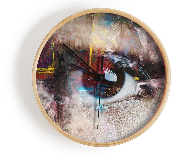 Abstract Painting and Eye clock made from natural bamboo with a unique design, featuring a clear Plexiglas lens and available in three colors.