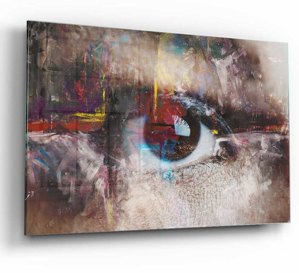 A modern abstract glass art print featuring an eye design, showcasing vibrant colors and intricate patterns.