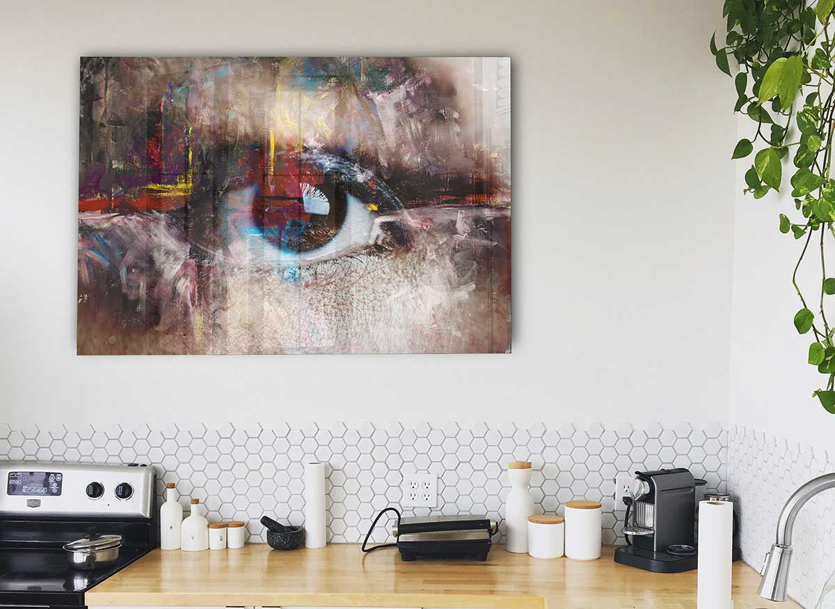 A modern abstract glass art print featuring an eye design, showcasing vibrant colors and intricate patterns.