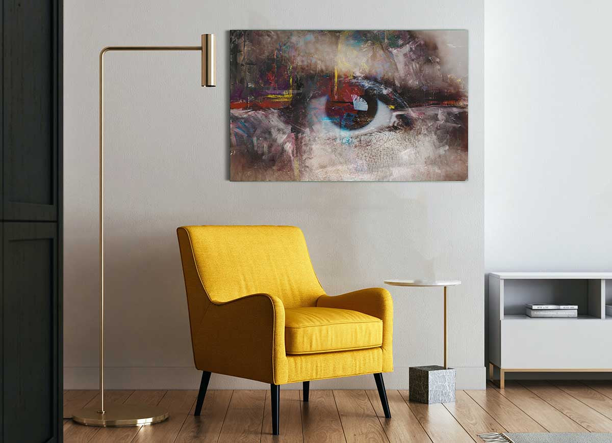 A modern abstract glass art print featuring an eye design, showcasing vibrant colors and intricate patterns.