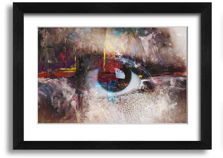 A beautifully framed abstract painting featuring an eye design, showcasing vibrant colors and intricate details, ready to hang.