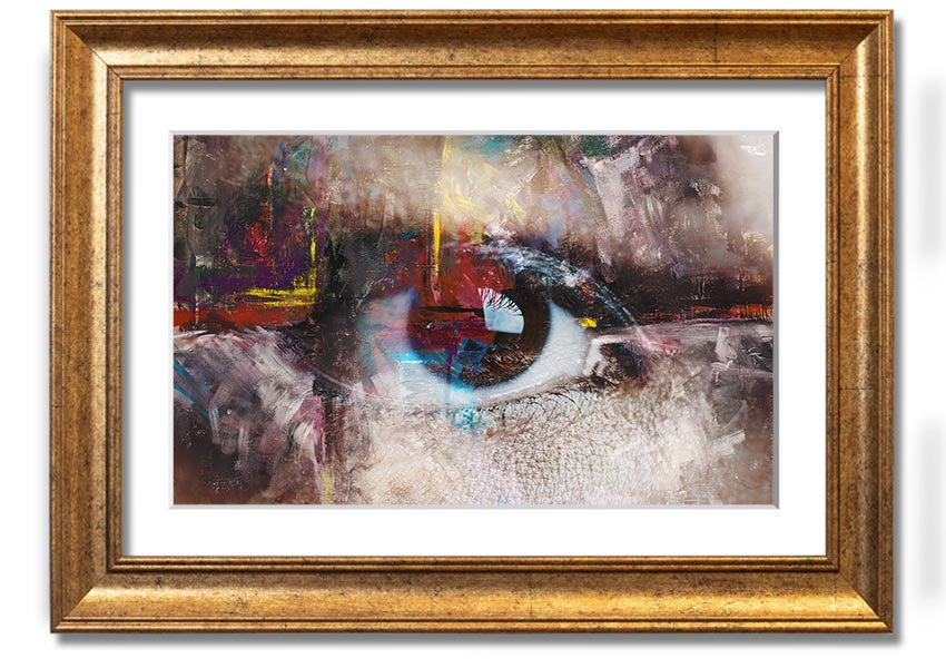 A beautifully framed abstract painting featuring an eye design, showcasing vibrant colors and intricate details, ready to hang.