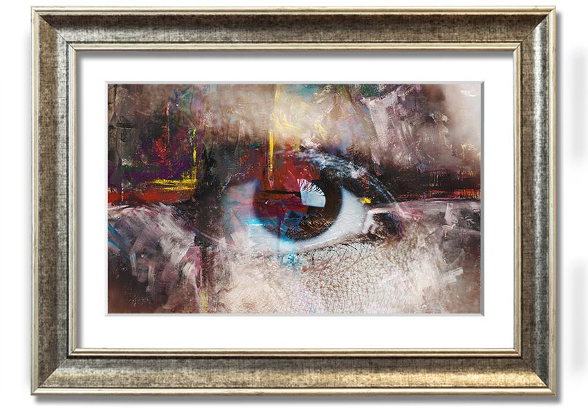 A beautifully framed abstract painting featuring an eye design, showcasing vibrant colors and intricate details, ready to hang.