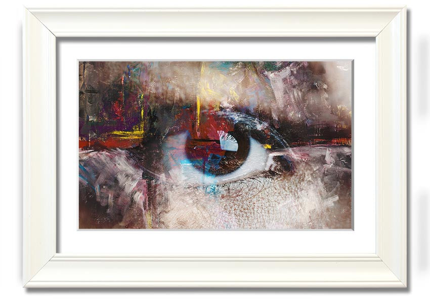 A beautifully framed abstract painting featuring an eye design, showcasing vibrant colors and intricate details, ready to hang.