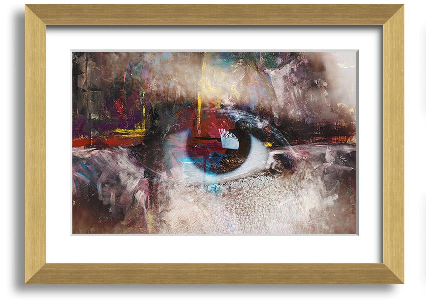 A beautifully framed abstract painting featuring an eye design, showcasing vibrant colors and intricate details, ready to hang.