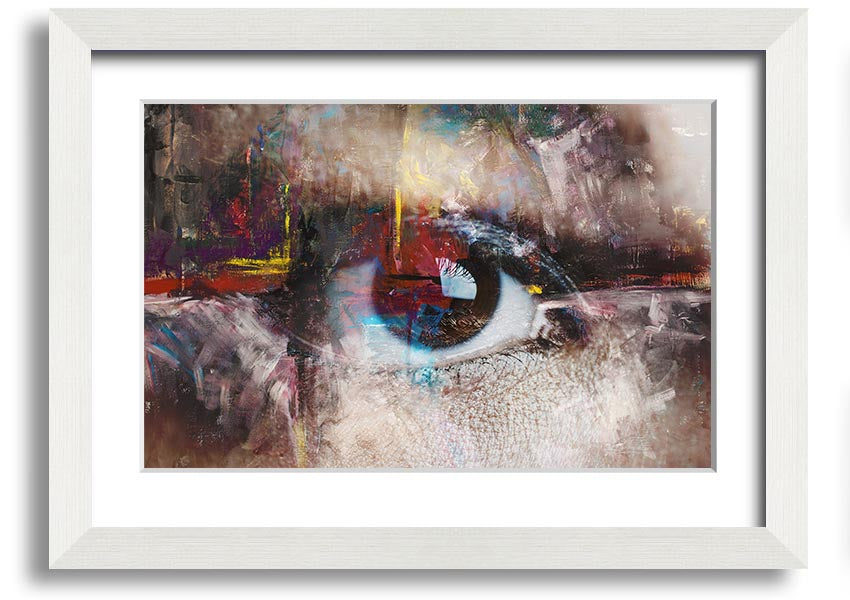 A beautifully framed abstract painting featuring an eye design, showcasing vibrant colors and intricate details, ready to hang.