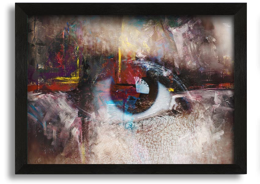 A beautifully framed abstract painting featuring an eye design, showcasing vibrant colors and intricate details, ready to hang.