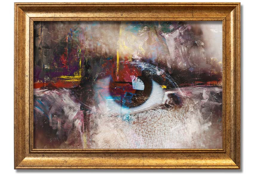 A beautifully framed abstract painting featuring an eye design, showcasing vibrant colors and intricate details, ready to hang.