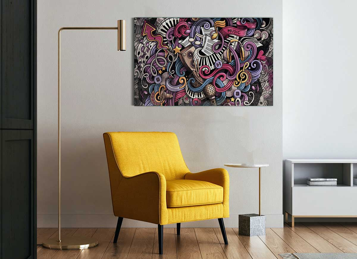 A vibrant glass print featuring abstract patterns inspired by music, showcasing colorful designs that enhance modern decor.