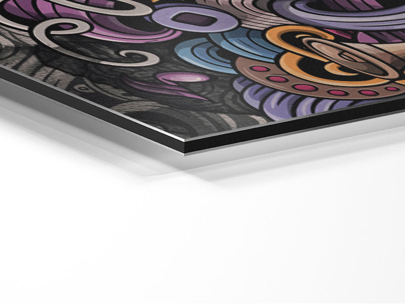 A modern art piece featuring abstract patterns inspired by music, printed on brushed aluminium dibond, showcasing vibrant colors and intricate designs.