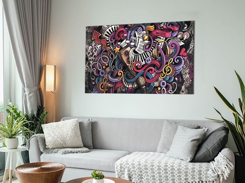 A modern art piece featuring abstract patterns inspired by music, printed on brushed aluminium dibond, showcasing vibrant colors and intricate designs.