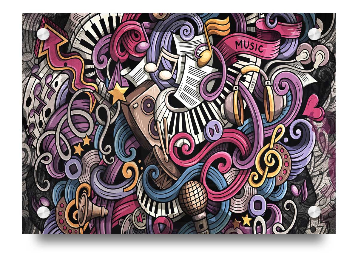 Vibrant acrylic print featuring abstract music patterns, showcasing colorful designs on 5mm thick acrylic glass.