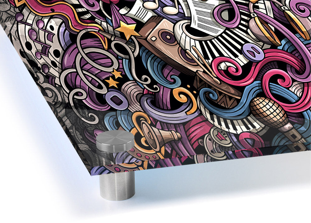 Vibrant acrylic print featuring abstract music patterns, showcasing colorful designs on 5mm thick acrylic glass.