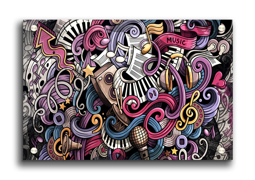 Vibrant acrylic print featuring abstract music patterns, showcasing colorful designs on 5mm thick acrylic glass.