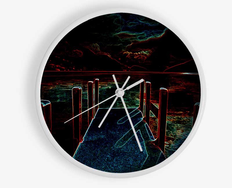 Abstract Pier clock made from natural bamboo with a round face and clear Plexiglas lens, available in black, white, and natural frame colors.