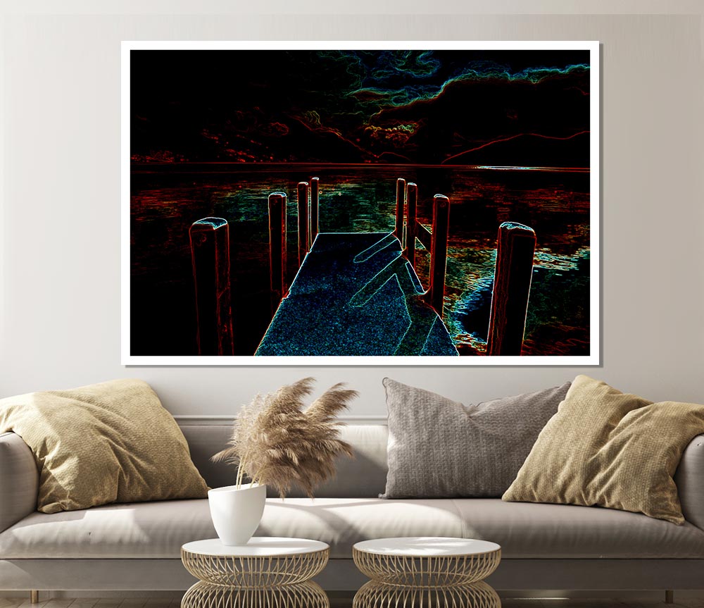 Abstract Pier canvas poster featuring vibrant colors and dynamic shapes, ready to hang.