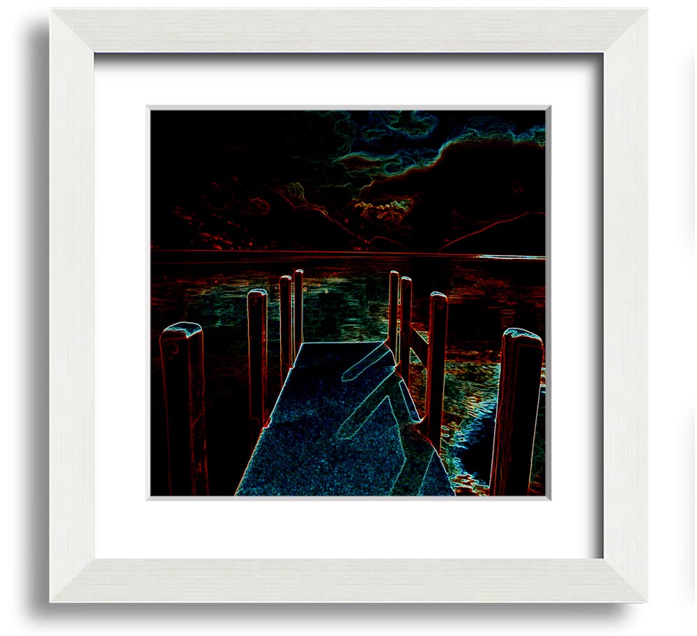 Abstract Pier Square Framed Print in a stylish frame, showcasing a serene pier scene, handmade in the UK.