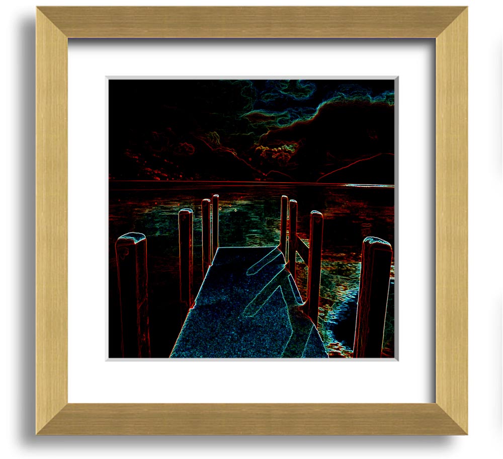 Abstract Pier Square Framed Print in a stylish frame, showcasing a serene pier scene, handmade in the UK.