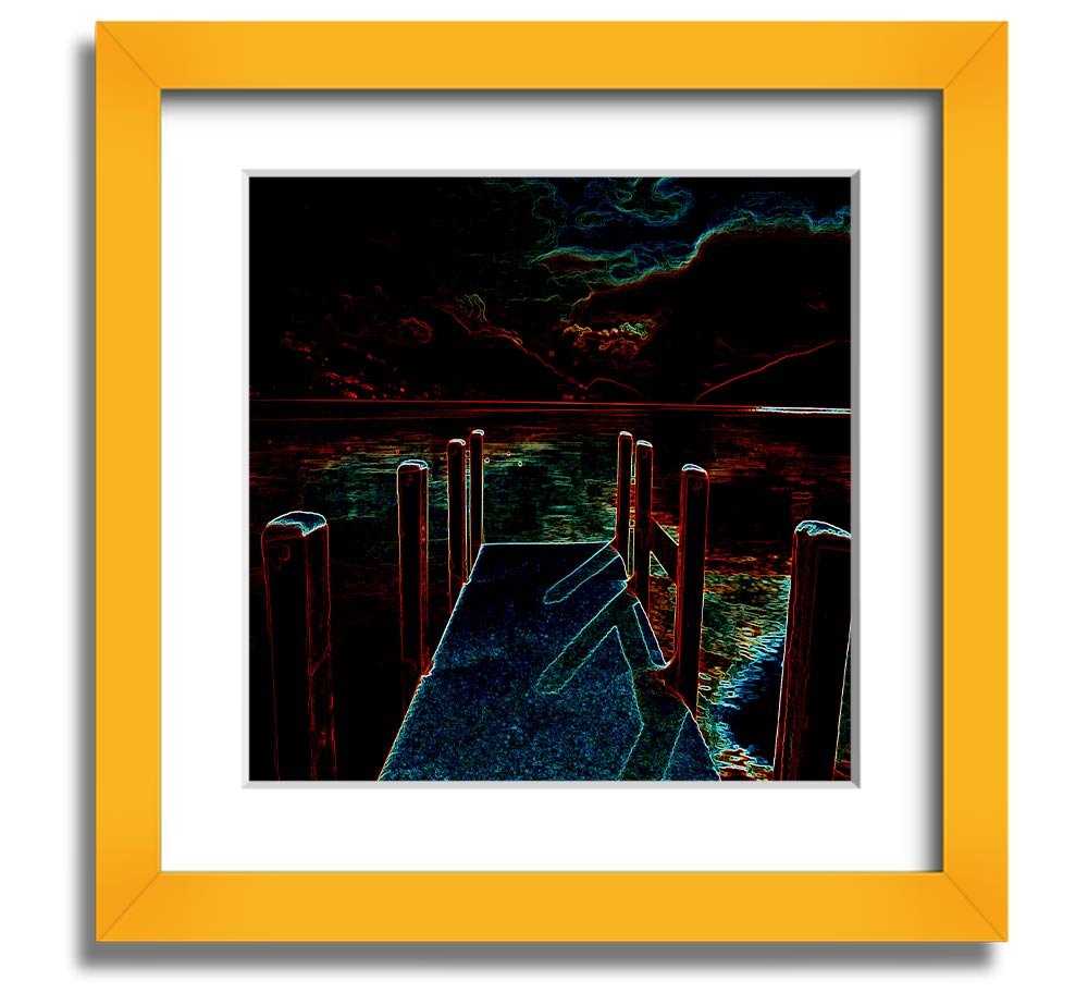 Abstract Pier Square Framed Print in a stylish frame, showcasing a serene pier scene, handmade in the UK.