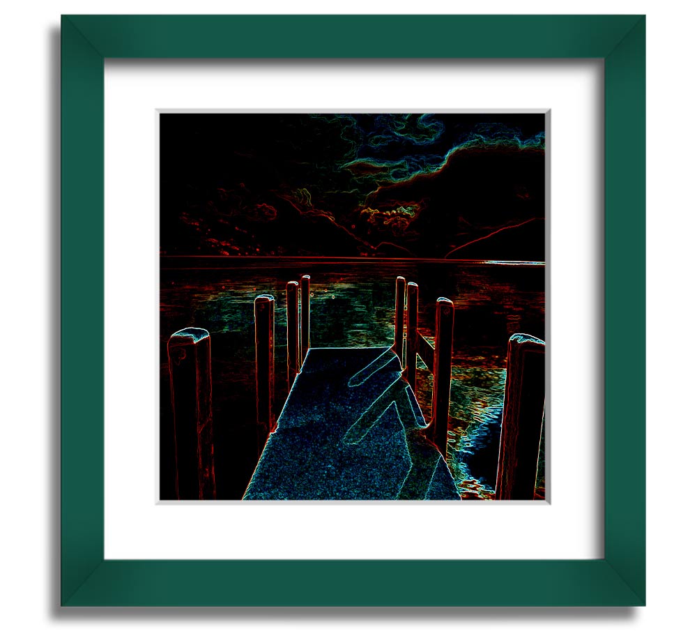 Abstract Pier Square Framed Print in a stylish frame, showcasing a serene pier scene, handmade in the UK.