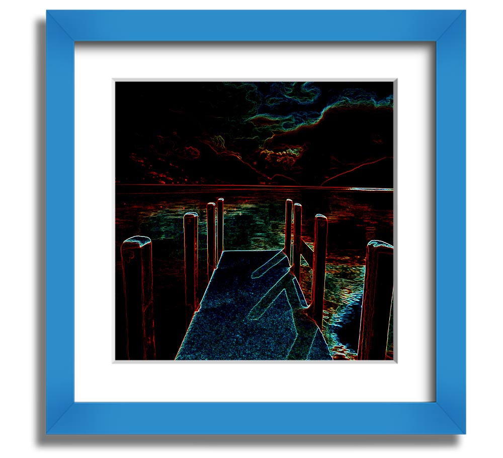 Abstract Pier Square Framed Print in a stylish frame, showcasing a serene pier scene, handmade in the UK.