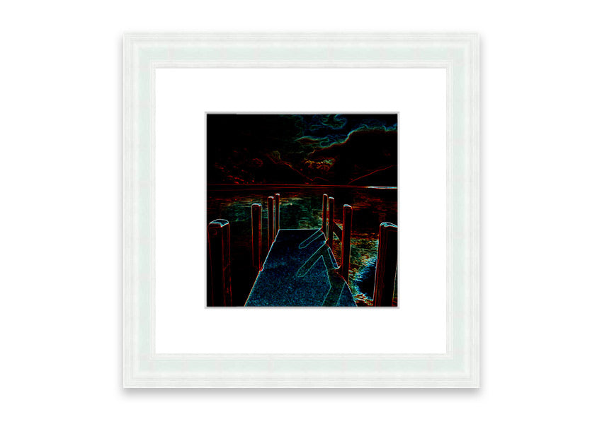 Framed print of Abstract Pier artwork, showcasing serene colors and modern design, ready to hang.