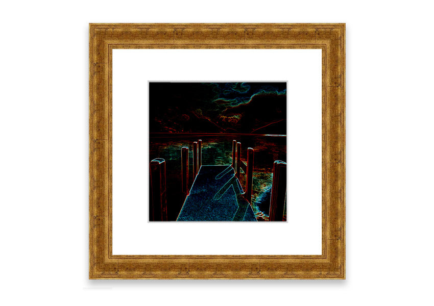 Framed print of Abstract Pier artwork, showcasing serene colors and modern design, ready to hang.