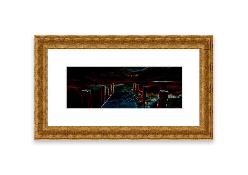 Framed print of Abstract Pier artwork, showcasing serene colors and modern design, ready to hang.