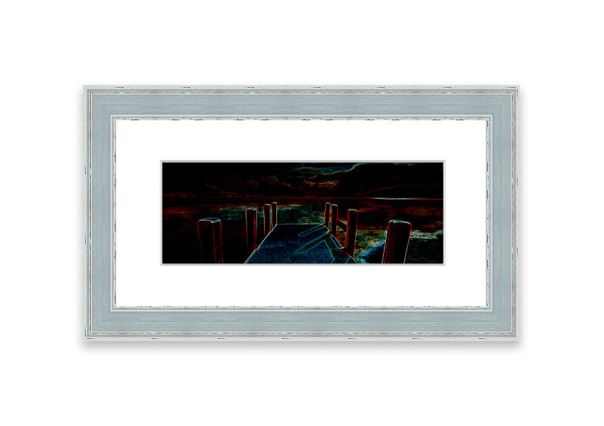 Framed print of Abstract Pier artwork, showcasing serene colors and modern design, ready to hang.