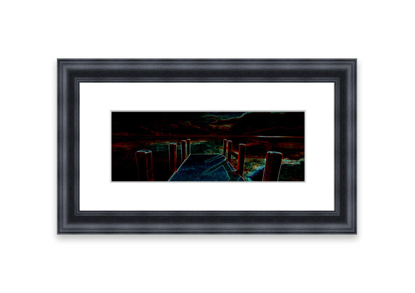 Framed print of Abstract Pier artwork, showcasing serene colors and modern design, ready to hang.