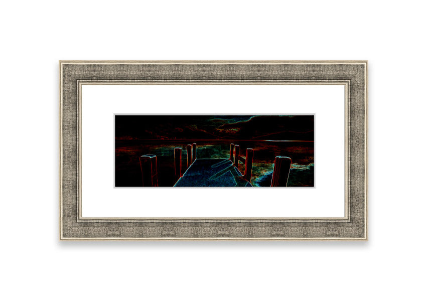 Framed print of Abstract Pier artwork, showcasing serene colors and modern design, ready to hang.