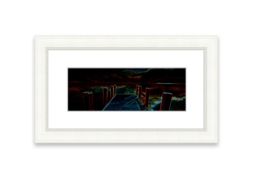 Framed print of Abstract Pier artwork, showcasing serene colors and modern design, ready to hang.