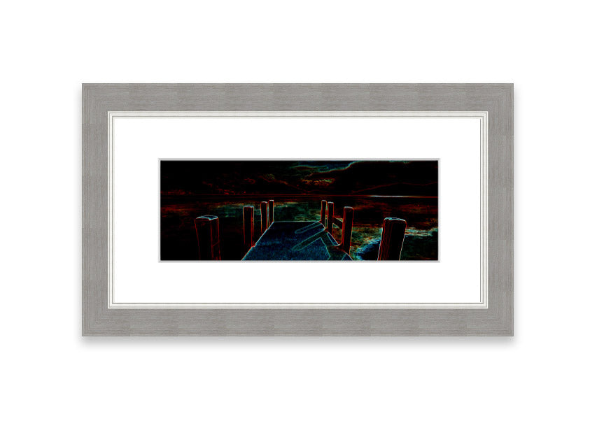 Framed print of Abstract Pier artwork, showcasing serene colors and modern design, ready to hang.