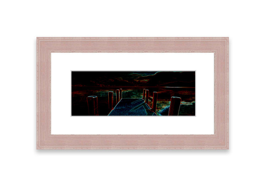 Framed print of Abstract Pier artwork, showcasing serene colors and modern design, ready to hang.