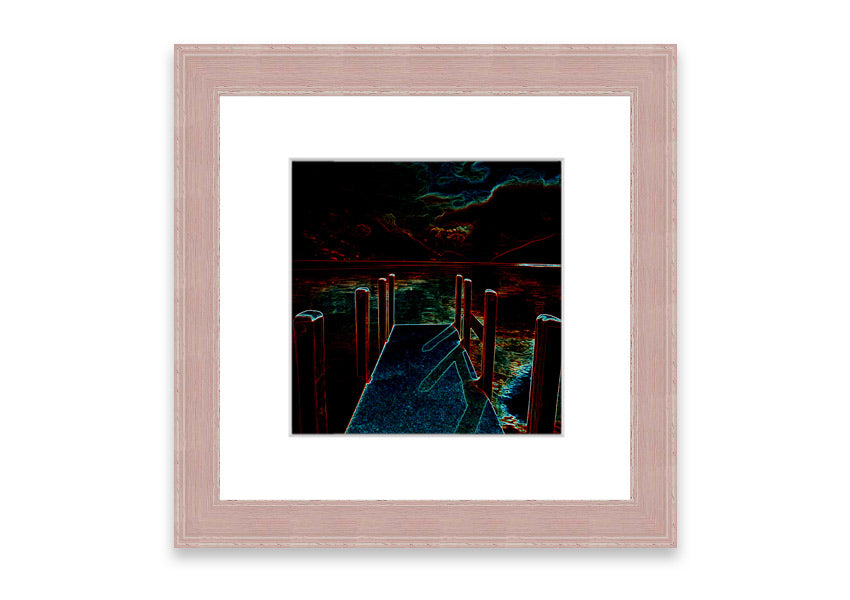 Framed print of Abstract Pier artwork, showcasing serene colors and modern design, ready to hang.