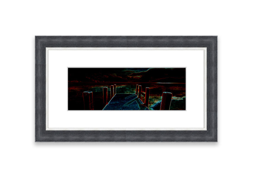 Framed print of Abstract Pier artwork, showcasing serene colors and modern design, ready to hang.