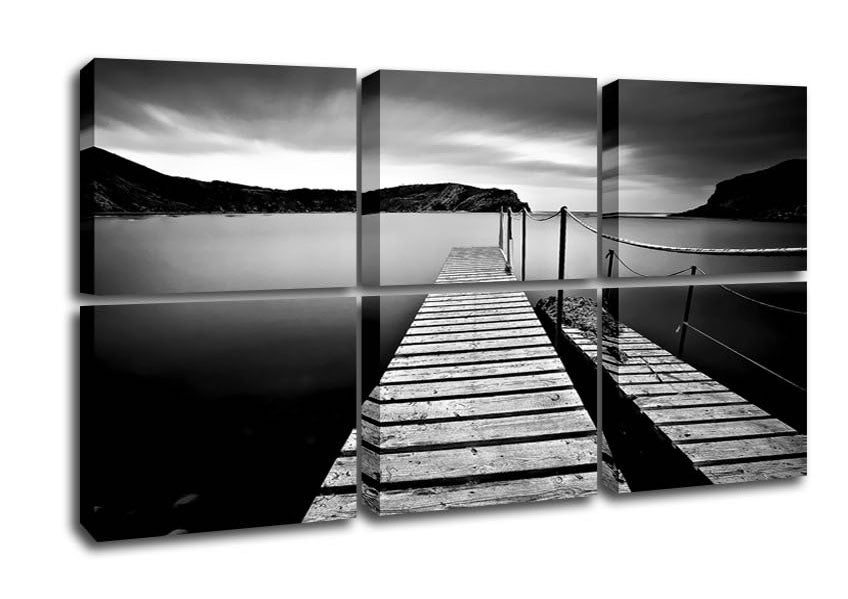 Abstract Pier B n W canvas art mounted on a box frame, showcasing a striking black and white design.