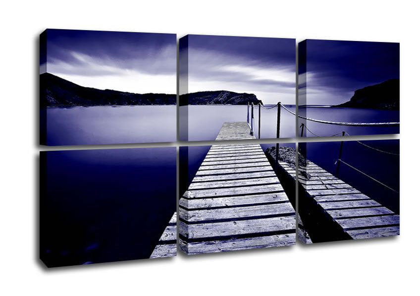 Abstract Pier Purple canvas art mounted on a box frame, featuring vibrant purple hues and modern design.