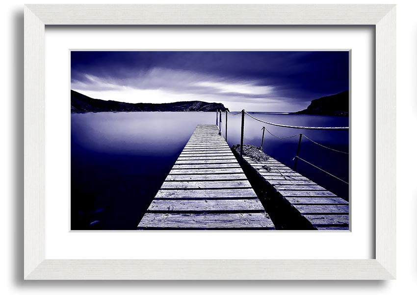 Abstract Pier Purple framed print showcasing a serene pier design in vibrant purple hues, elegantly framed and ready to hang.