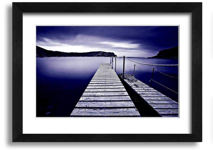 Abstract Pier Purple framed print showcasing a serene pier design in vibrant purple hues, elegantly framed and ready to hang.