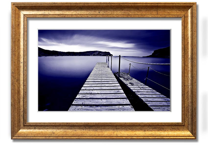 Abstract Pier Purple framed print showcasing a serene pier design in vibrant purple hues, elegantly framed and ready to hang.